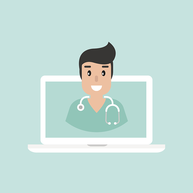 电脑屏幕上的医生。互联网医疗咨询。图片素材