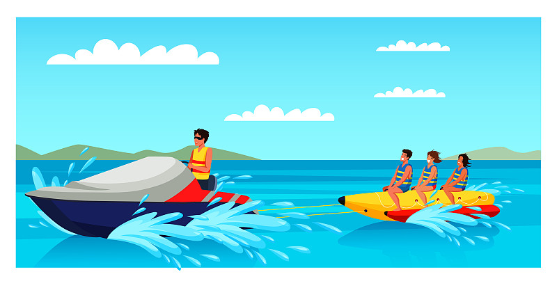 阳光灿烂的日子里，快乐的游客乘坐香蕉船图片下载