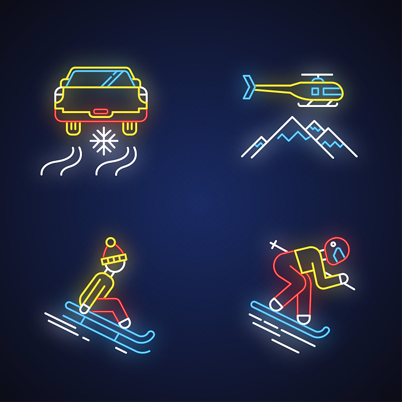极端冬季活动霓虹灯图标设置。爱好冒险的运动，冒险。寒冷季节户外休闲娱乐。冰驾，直升机滑雪。发光的迹象。向量孤立的插图图片下载
