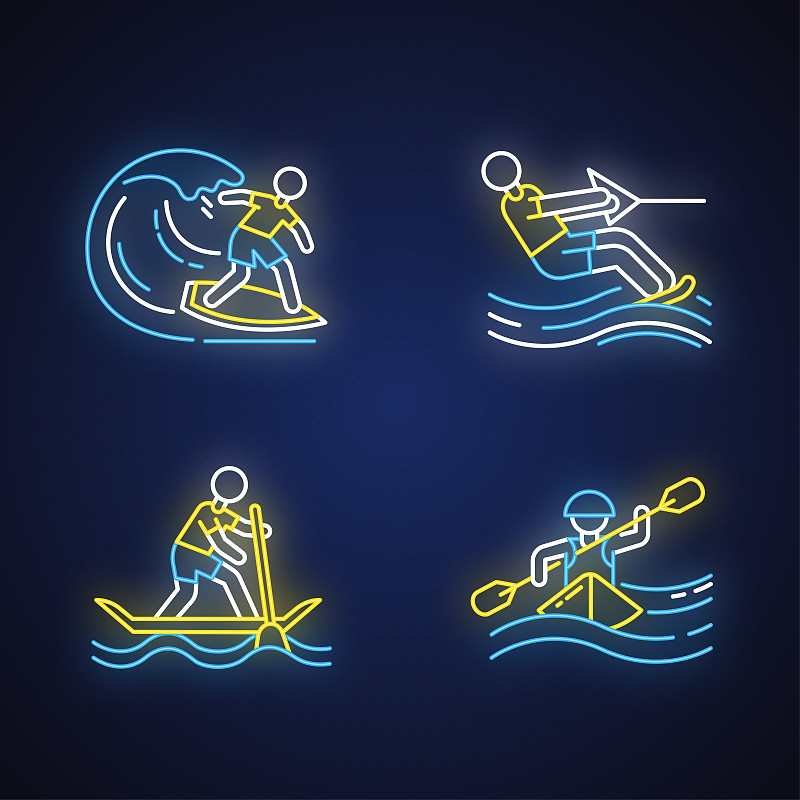 水上运动霓虹灯图标集。冲浪、滑水、漂流和冲浪。极限运动。暑假休闲，冒险。发光的迹象。向量孤立的插图图片素材