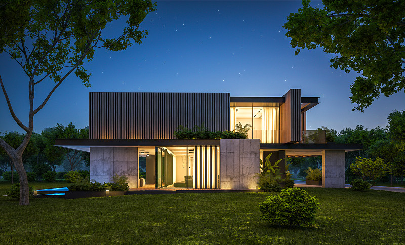 现代住宅的3d渲染与木板立面在晚上图片下载