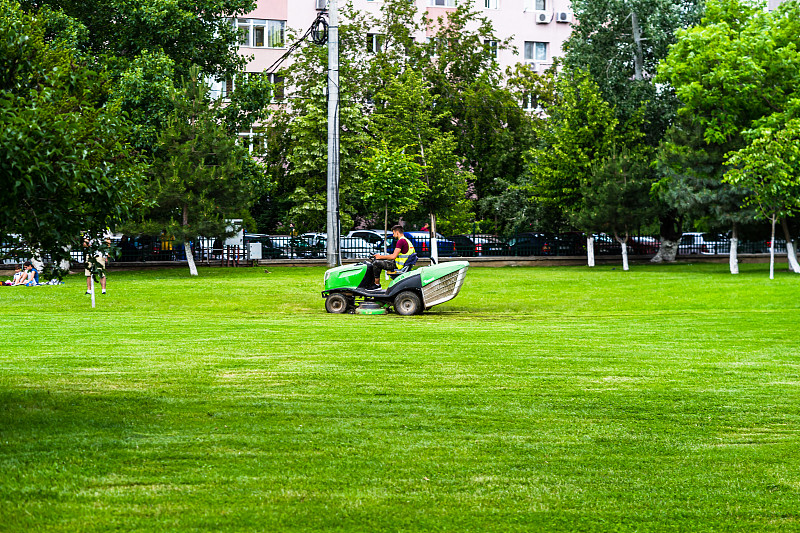 人类驾驶着工业割草机，在公园里修剪草坪。图片下载