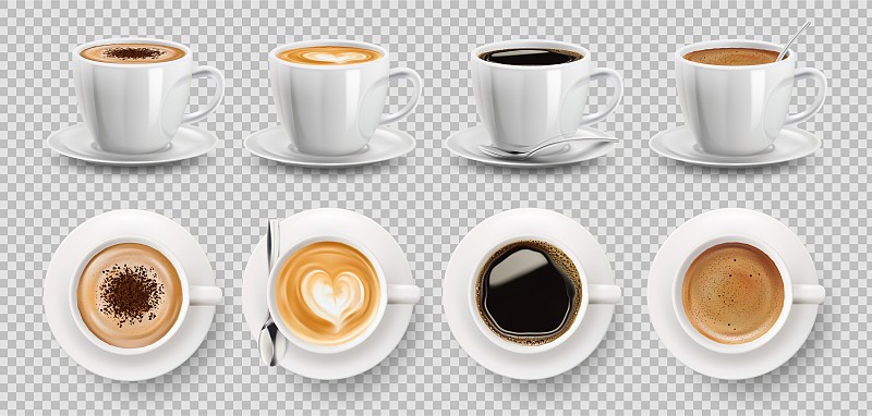 逼真的3d矢量孤立的白色杯咖啡匙，顶部和侧面视图，卡布奇诺，美式咖啡，浓缩咖啡，摩卡，拿铁，可可饮料图片素材