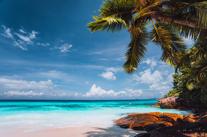 奇异的热带海滩。纯净的水晶清澈碧绿的海水，蔚蓝的天空。暑假图片下载