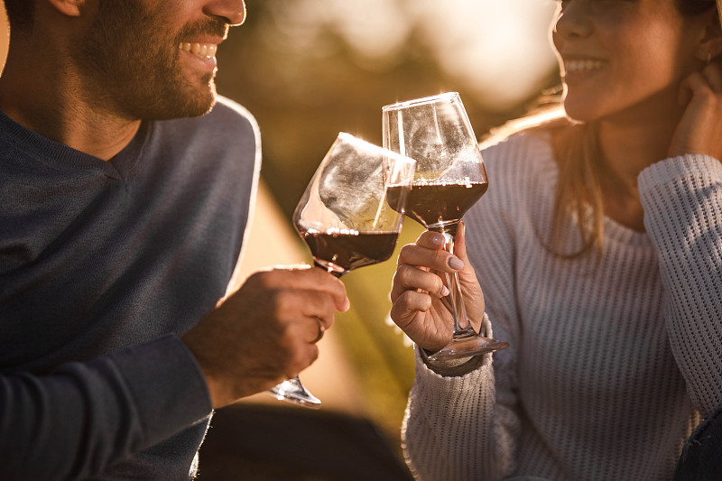 一对夫妇在大自然中与葡萄酒干杯的特写。图片下载