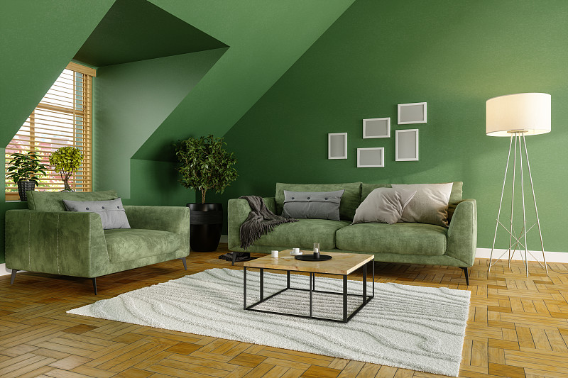 绿色客厅，绿色沙发，咖啡桌和植物图片下载