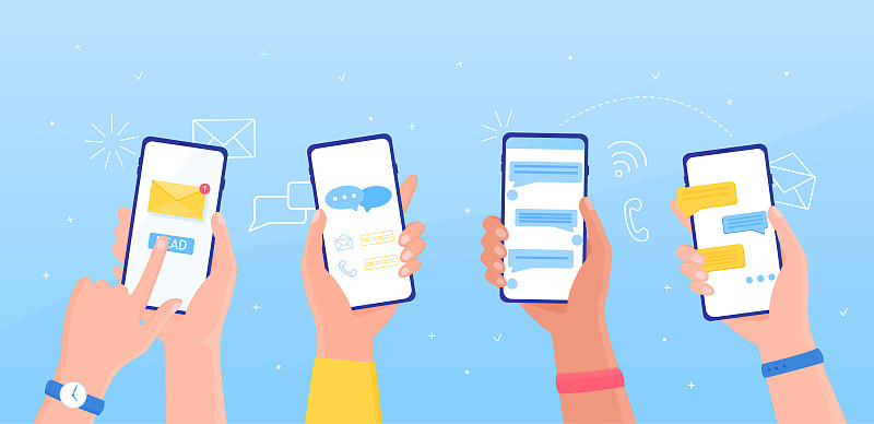 通知消息概念屏幕上的短信泡泡人们聊天概念人们拿着手机接收和发送消息。接收通知在蓝色背景彩色矢量插图图片素材
