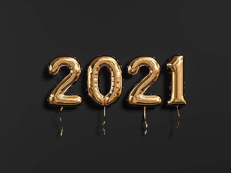 2021年新年，金色和黑色。金箔气球数字2021孤立在黑色背景。三维渲染图片素材