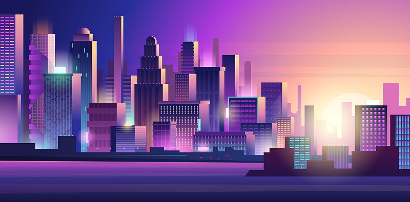 朋克的城市。霓虹辉光照明城市景观，紫色，黑暗的未来主义城镇矢量背景图片下载