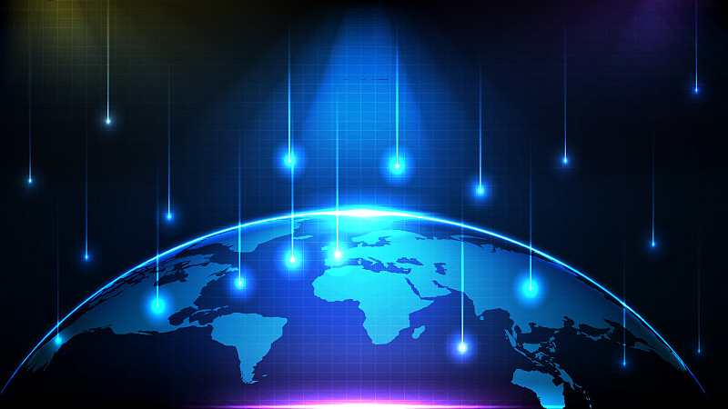抽象未来的蓝色发光线连接技术流程和世界地图的背景图片下载