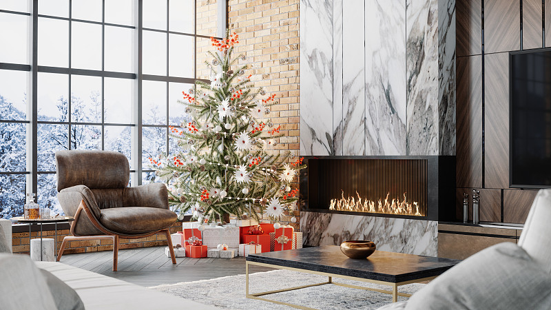 豪华客厅与壁炉和圣诞节装饰图片素材