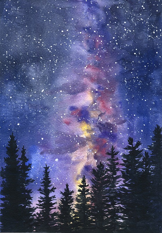 手绘水彩夜空与星星和树木。水彩画插图。图片下载