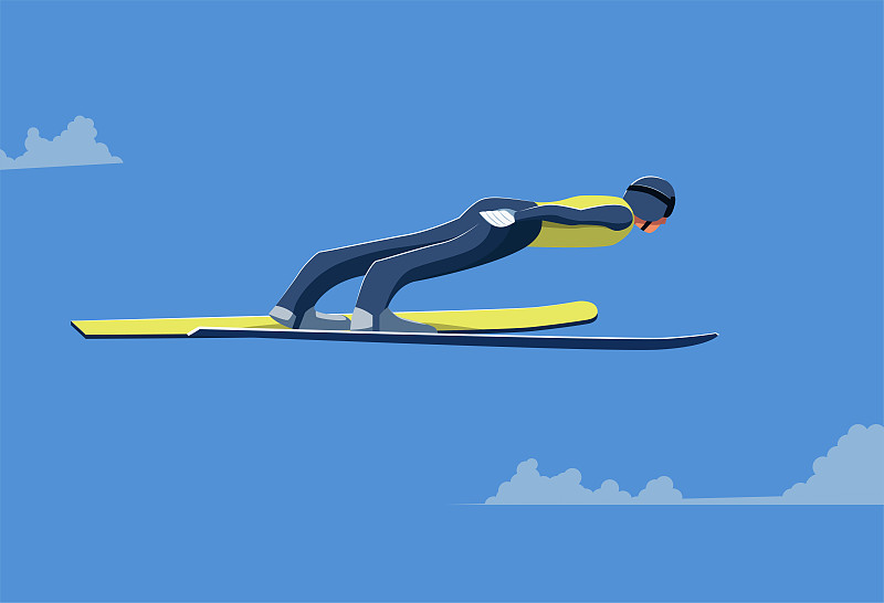 跳台滑雪运动员在与地面平行的高空飞行。图片素材