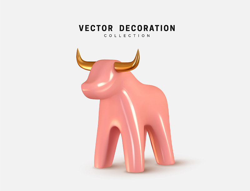 粉红牛孤立的3d图标和标志。牛或牛的现实玻璃陶瓷小雕像。矢量插图图片下载
