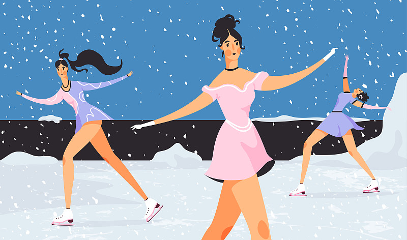 女性花样滑冰在冰上卡通插图。图片下载
