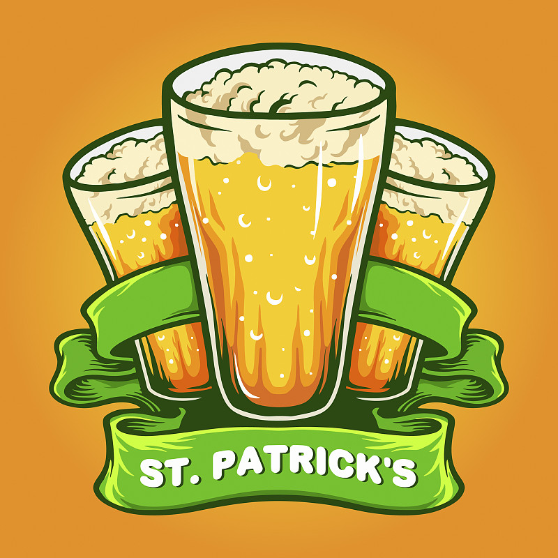 圣帕特里克三杯啤酒与丝带插图为您的工作标志，吉祥物商品t恤，贴纸和标签设计，海报，贺卡广告公司或品牌。图片下载
