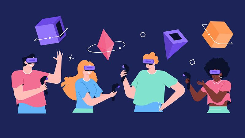 一组人物在黑色背景的VR眼镜与控制器在他们的手中。网络空间，游戏，虚拟现实训练。矢量平面插图。图片下载
