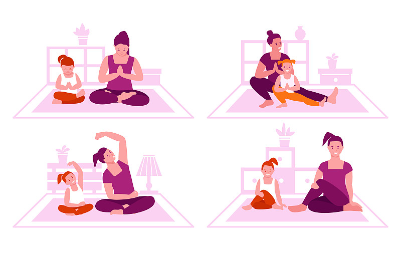 家庭健身的概念。母亲和女儿一起做瑜伽。健康的生活方式，花时间在一起。平面风格的向量插图集。图片下载
