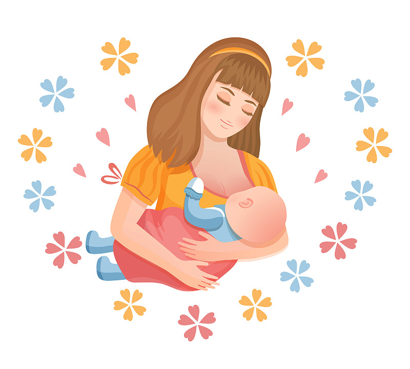 母亲给新生儿喂奶。妇女手里抱着孩子，用母乳喂养。母亲的爱。产妇、分娩、哺乳和托儿。孤立的卡通平面矢量图片下载