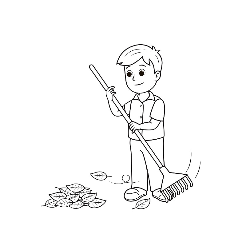 26儿童活动彩色图画书页面的黑白矢量插图,男孩做家务打扫树叶的