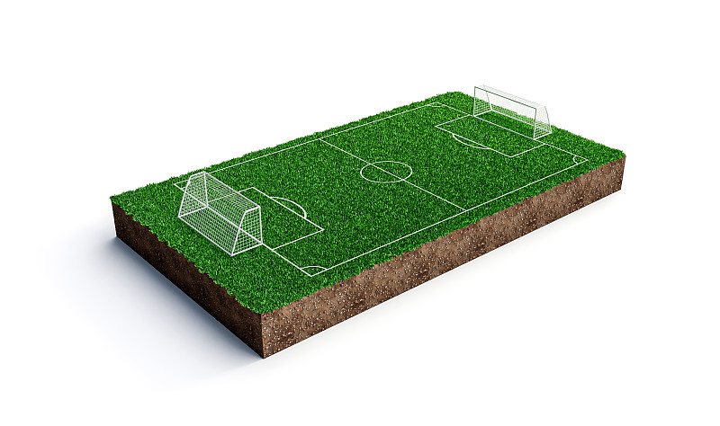 迷你足球场和足球，绿色的草地，现实的，白色的背景，3D插图图片下载