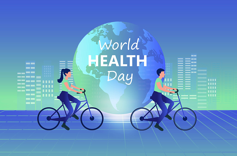 世界卫生日概念，健康夫妇骑自行车男女矢量插图。健康的生活方式图片下载
