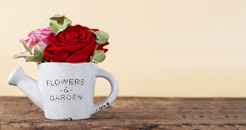 情人节贺卡与文字的自由空间。一束红玫瑰在一个花盆在木桌上，水平横幅为网站图片下载