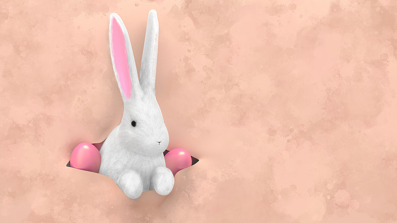 一张有彩色彩蛋的纸上嵌着一只小白兔，小白兔从缝里探出头来。复活节明信片。3D渲染图片下载