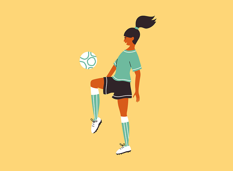 孤立向量插图的年轻女足球运动员踢球在黄色背景图片下载