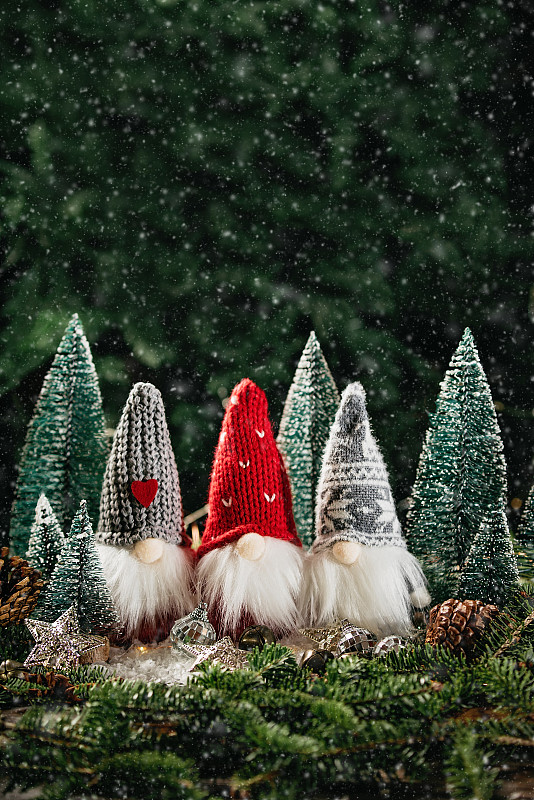 圣诞作文与侏儒和节日装饰在木制背景。图片下载