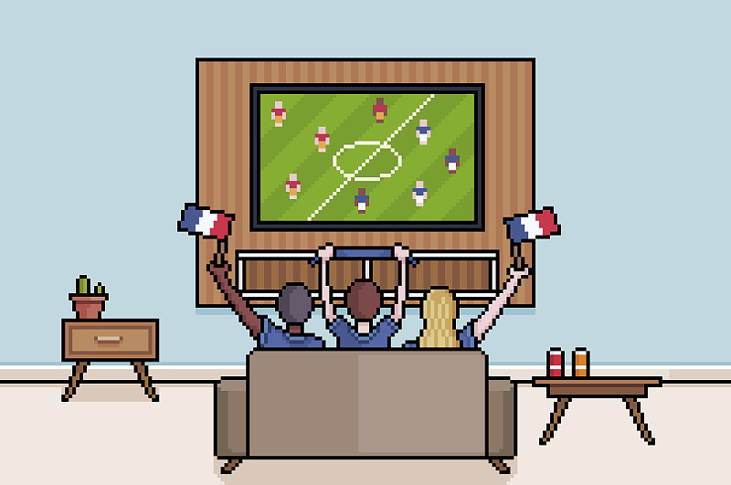 像素艺术的球迷在客厅看电视上的足球8位背景的人看足球世界杯图片下载