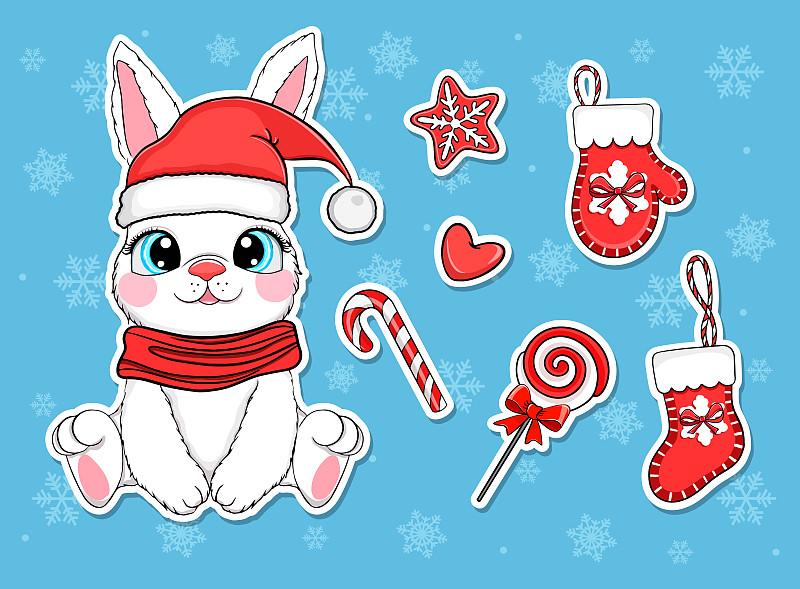 圣诞贴纸与兔子圣诞老人，可爱的卡通插画下载