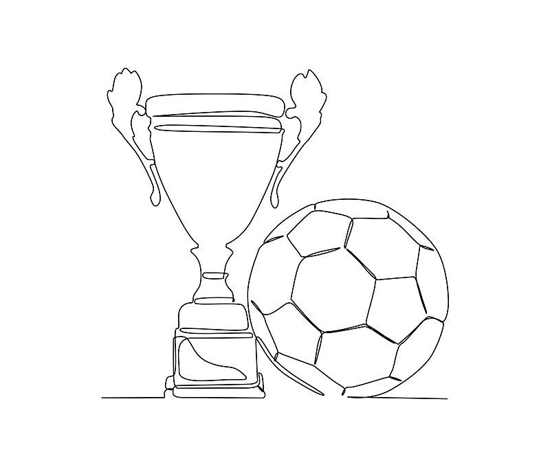 连续一线画足球和奖杯。足球奖杯简单的线条艺术矢量设计。图片下载