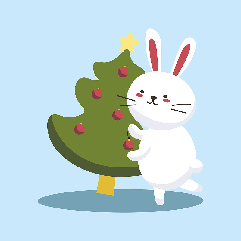 兔子装饰圣诞树孤立。圣诞快乐，新年快乐。冬天的性格与装饰。可爱的圣诞季节矢量插图卡通风格。每股收益图片下载
