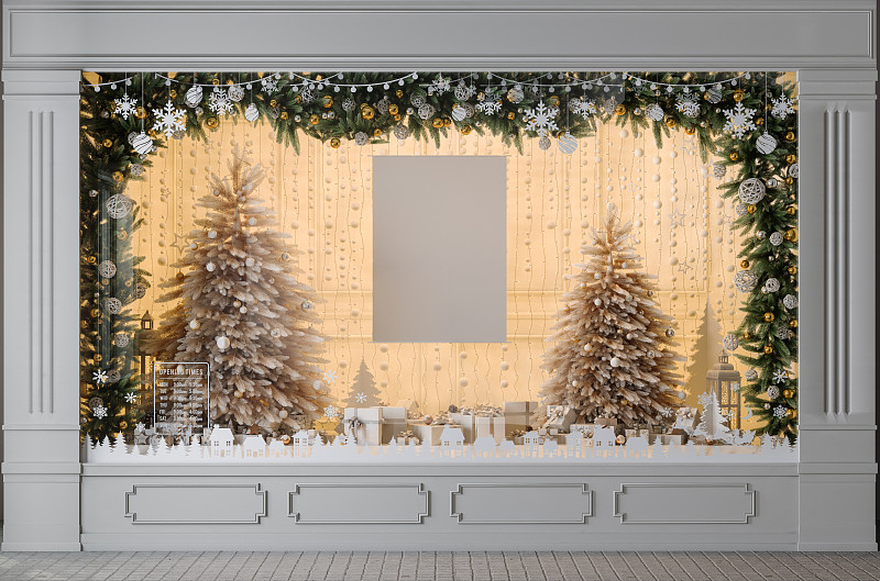 商店橱窗展示与圣诞树，装饰品，礼品盒和空白海报图片下载