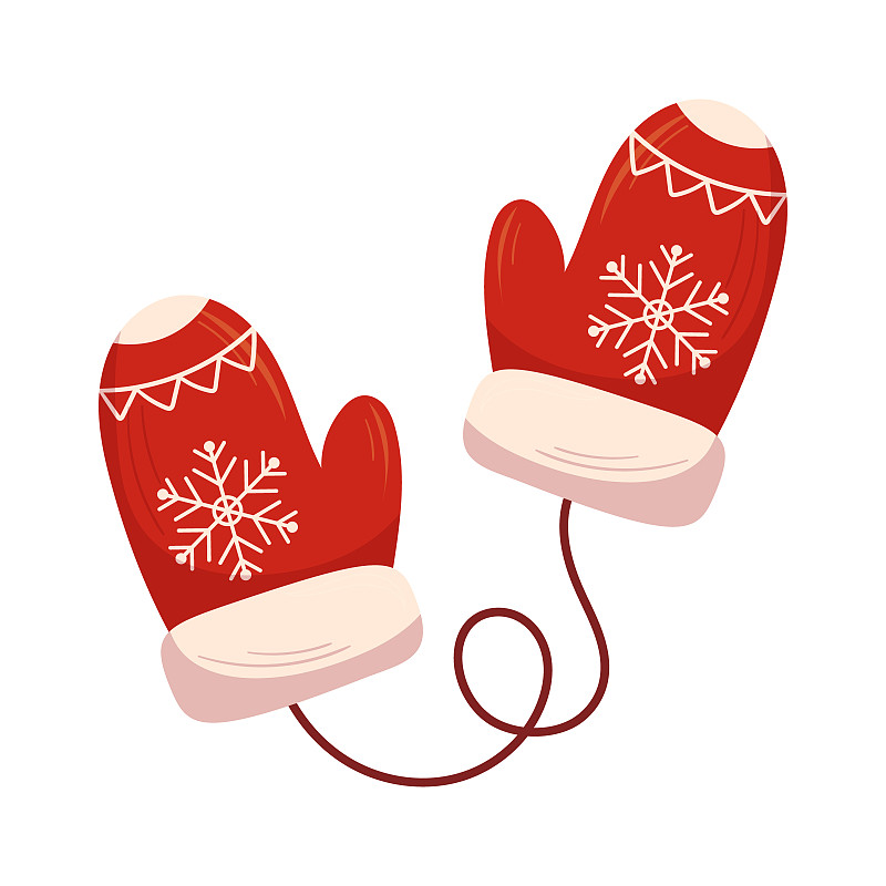 红色圣诞手套，雪花装饰和绳子。圣诞节日传统冬装，针织手套图片下载