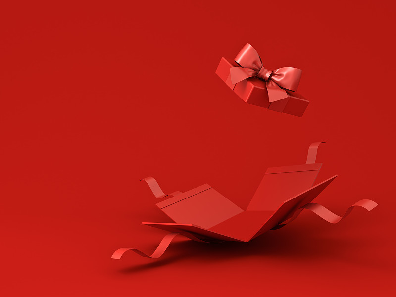 所有红色礼盒概念空白打开礼盒或打开礼盒与红色缎带蝴蝶结隔离在暗红色背景为圣诞节和中国新年装饰最小的概念3D渲染图片下载