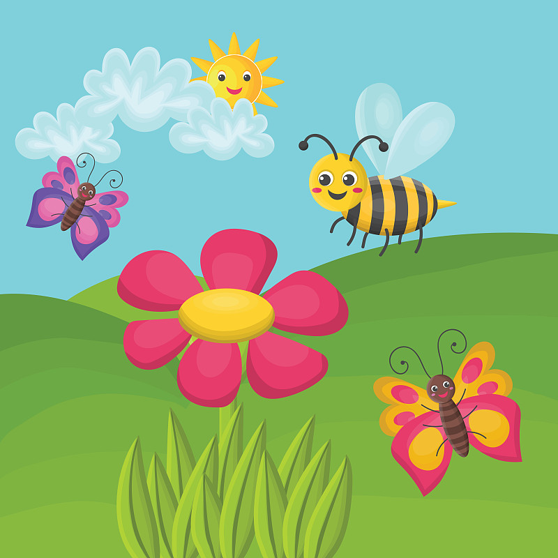阳光明媚的草坪景观，可爱的蜜蜂和蝴蝶，粉红色的花，太阳和云，阳光明媚的夏日。幸福的概念。一个好心情。图片下载