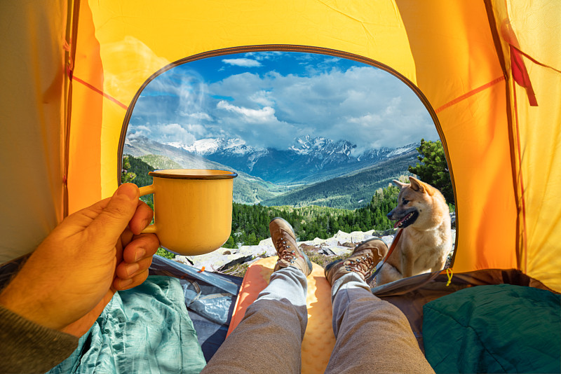 手里拿着一杯热饮，透过帐篷的开放入口，可以看到山顶的美景。在狗狗的陪伴下进行浪漫的徒步旅行和露营。图片下载