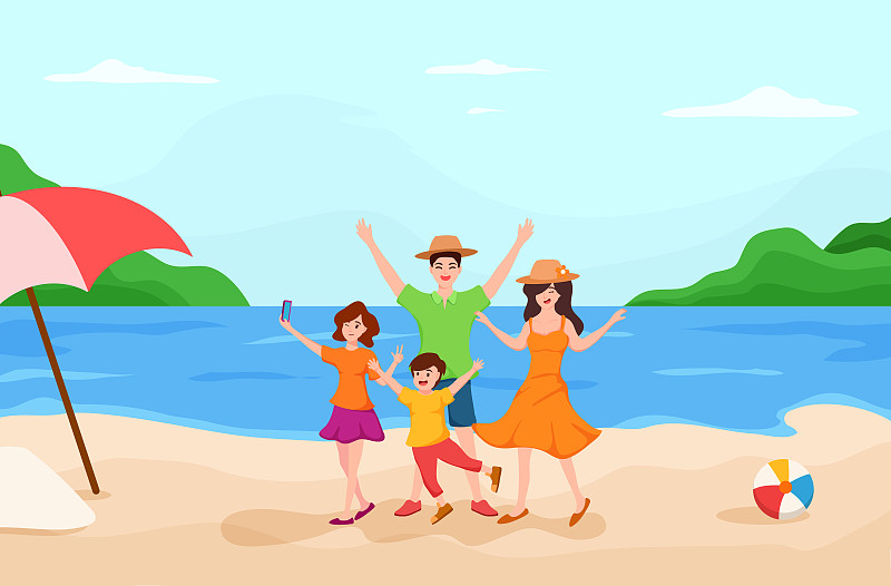 爸爸，妈妈，女儿和儿子一起在海滩上享受家庭旅行，图片下载