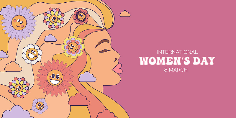 七十年代复古花权力背景与嬉皮花。国际妇女节。3月8日。母亲的一天。女人花的侧面。彩色粉彩插图在70年代60年代的复古风格。图片下载
