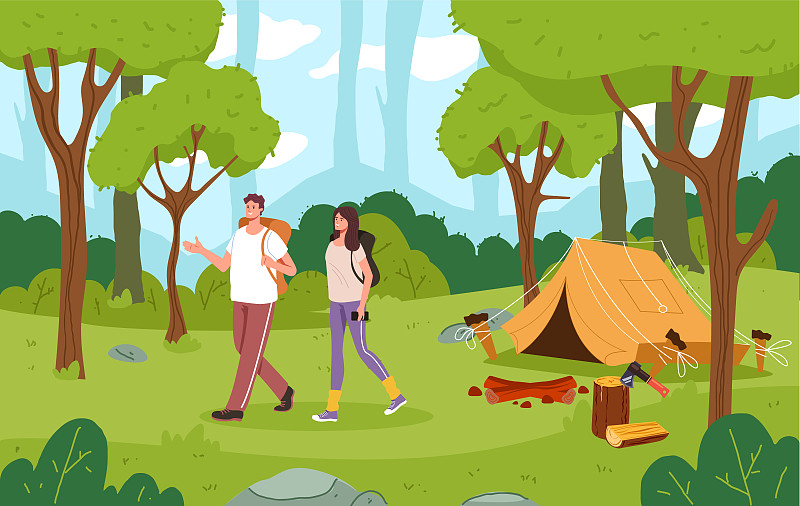 夏令营森林野餐的自然概念。矢量图形设计元素说明下载