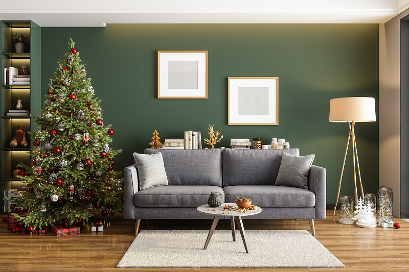 现代客厅内部有圣诞树，装饰品，礼品盒和相框图片下载