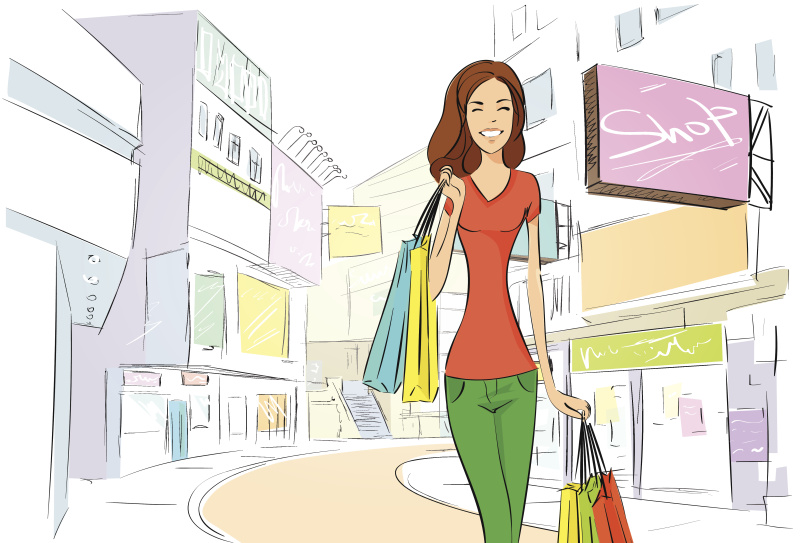 购物的女人在城市街道上商店五颜六色的建筑物图片下载