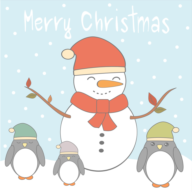 圣诞快乐向量卡与可爱的卡通彩色企鹅和雪人图片素材