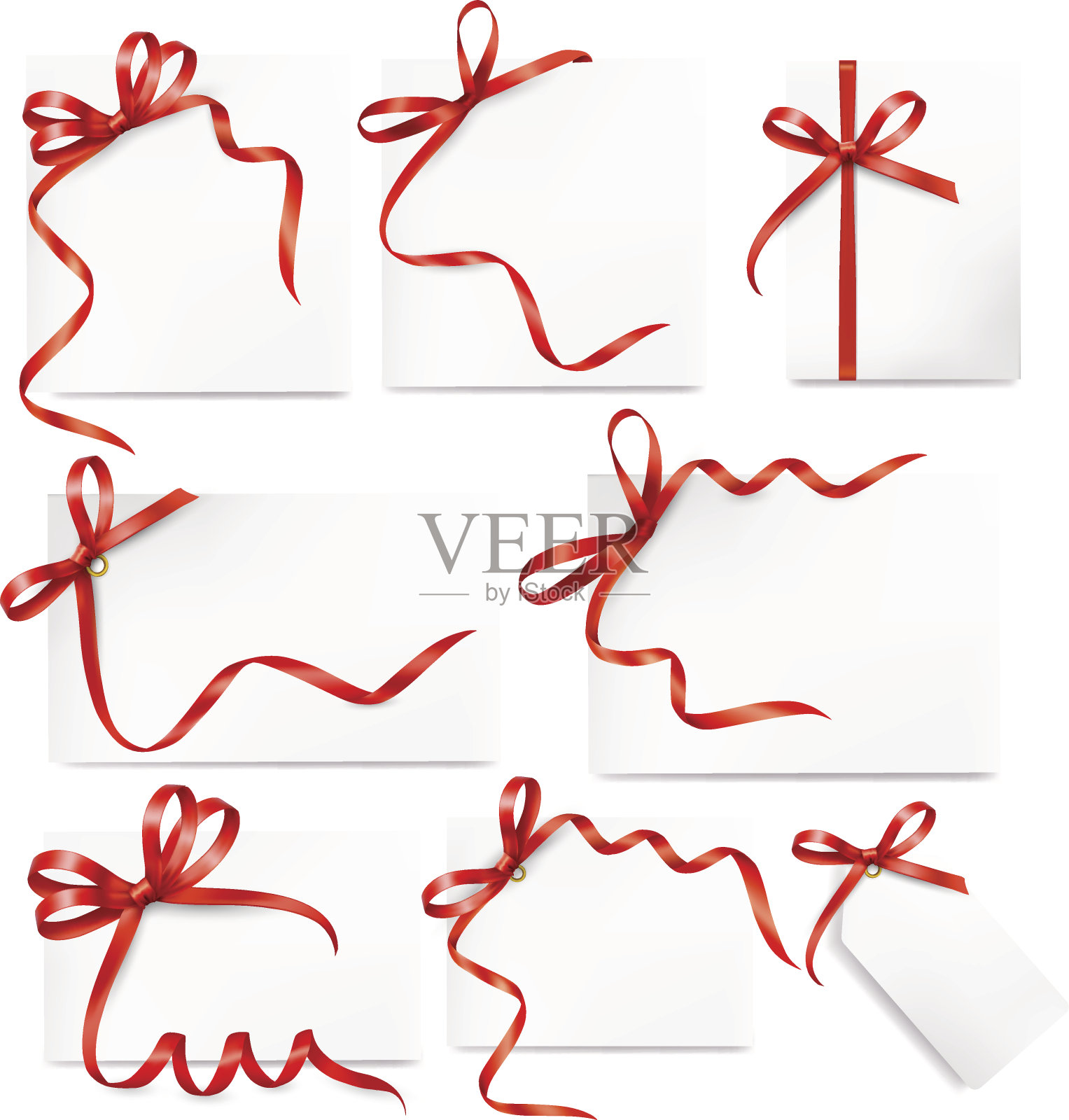 一套卡片笔记与红色礼品蝴蝶结和丝带。设计元素图片