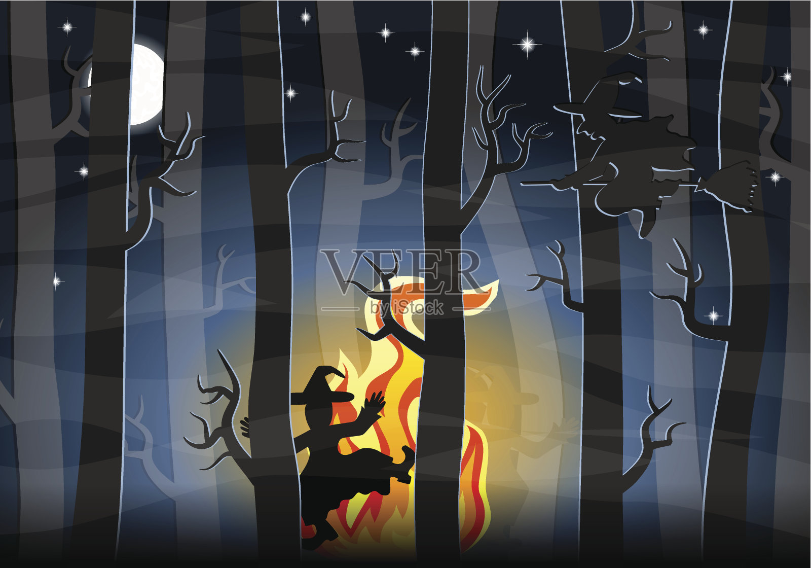 女巫们晚上围着火堆跳舞插画图片素材