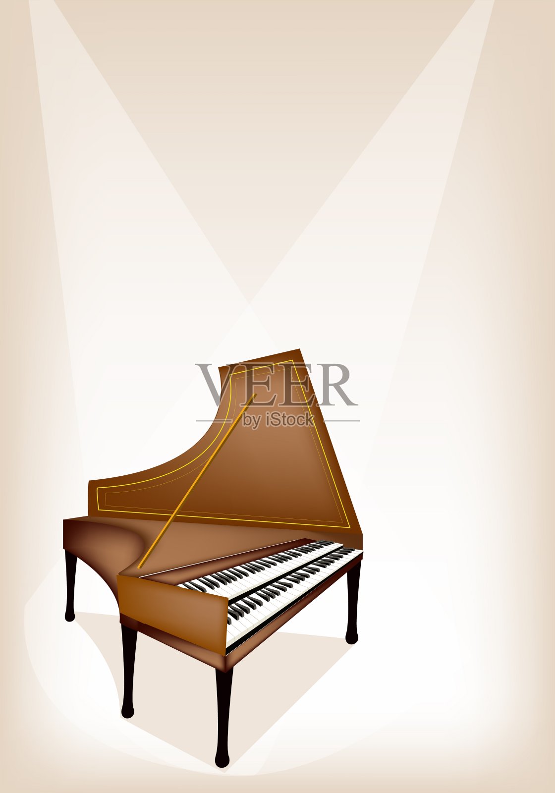 棕色舞台背景上的复古羽管键琴插画图片素材