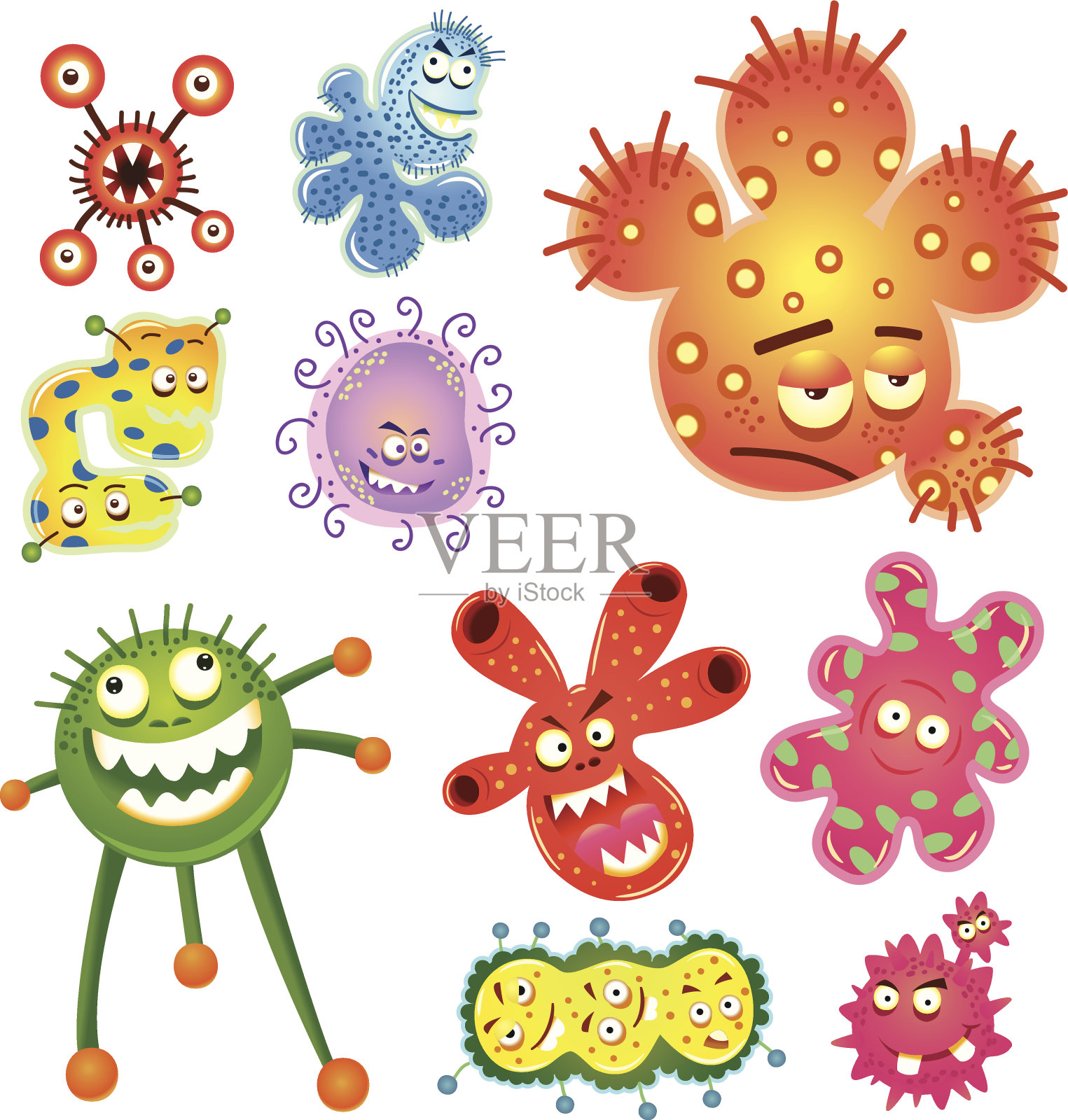 不同类型的细菌和病毒卡通插画图片素材