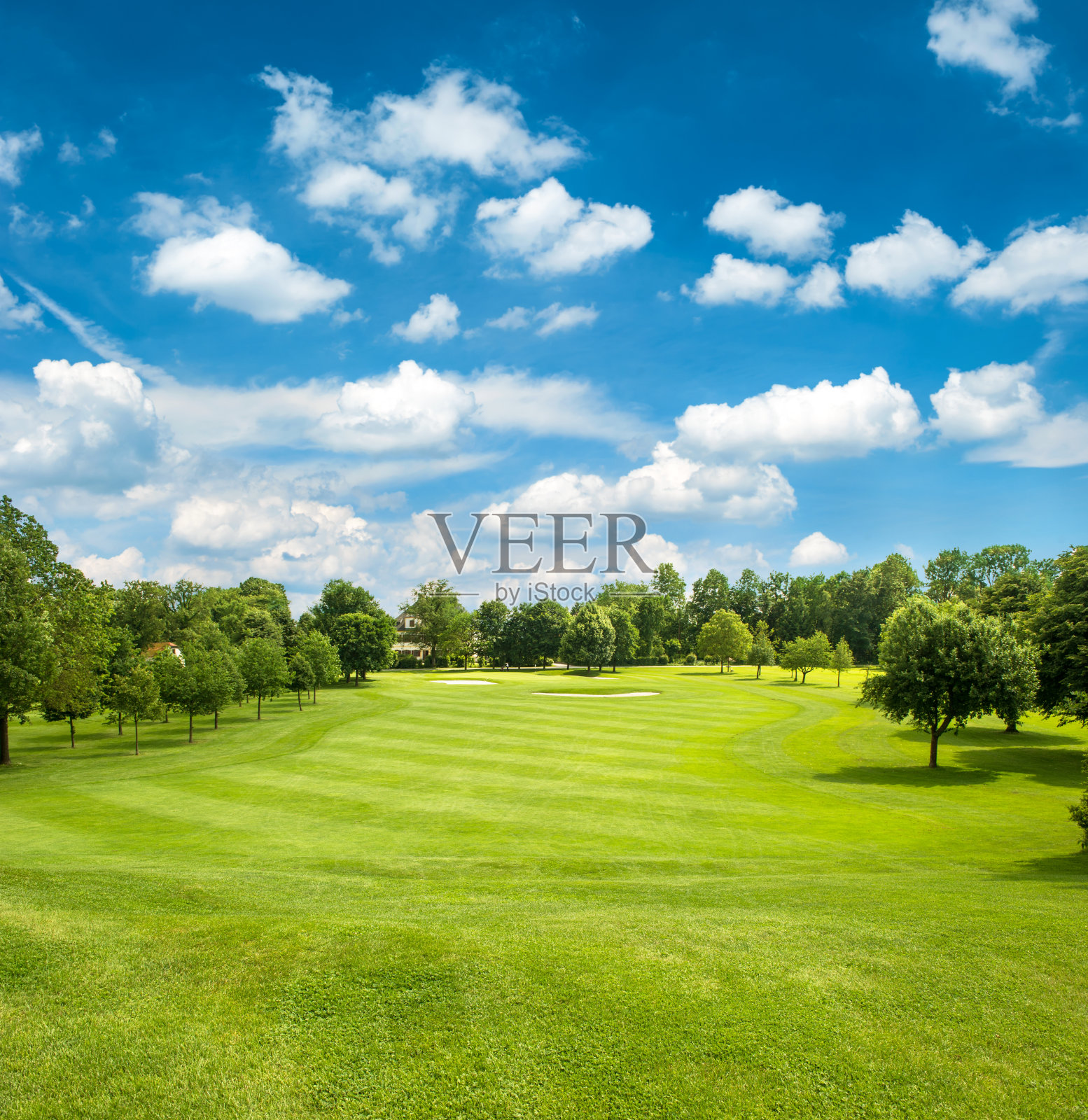 绿色的高尔夫球场和蓝色的多云的天空照片摄影图片
